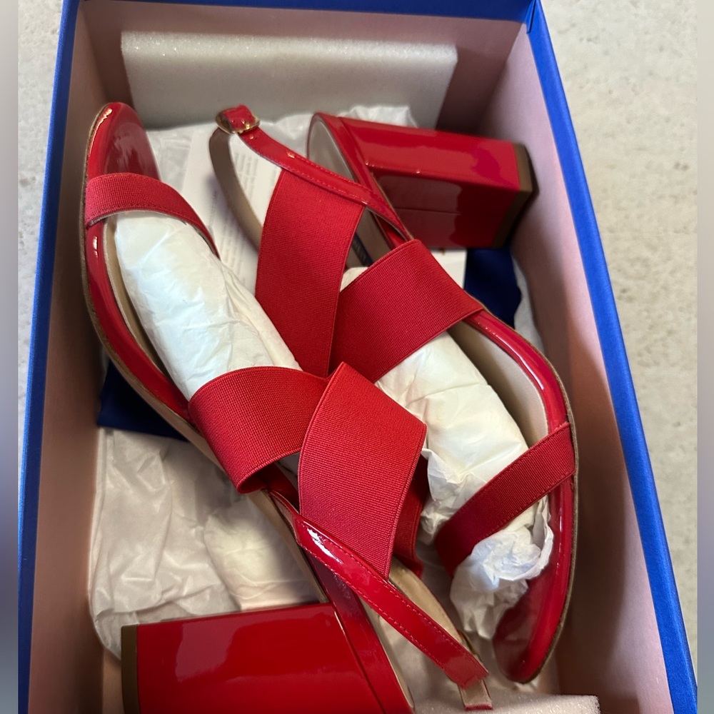 Stuart Weitzmen Alana block 75 red patent sandals